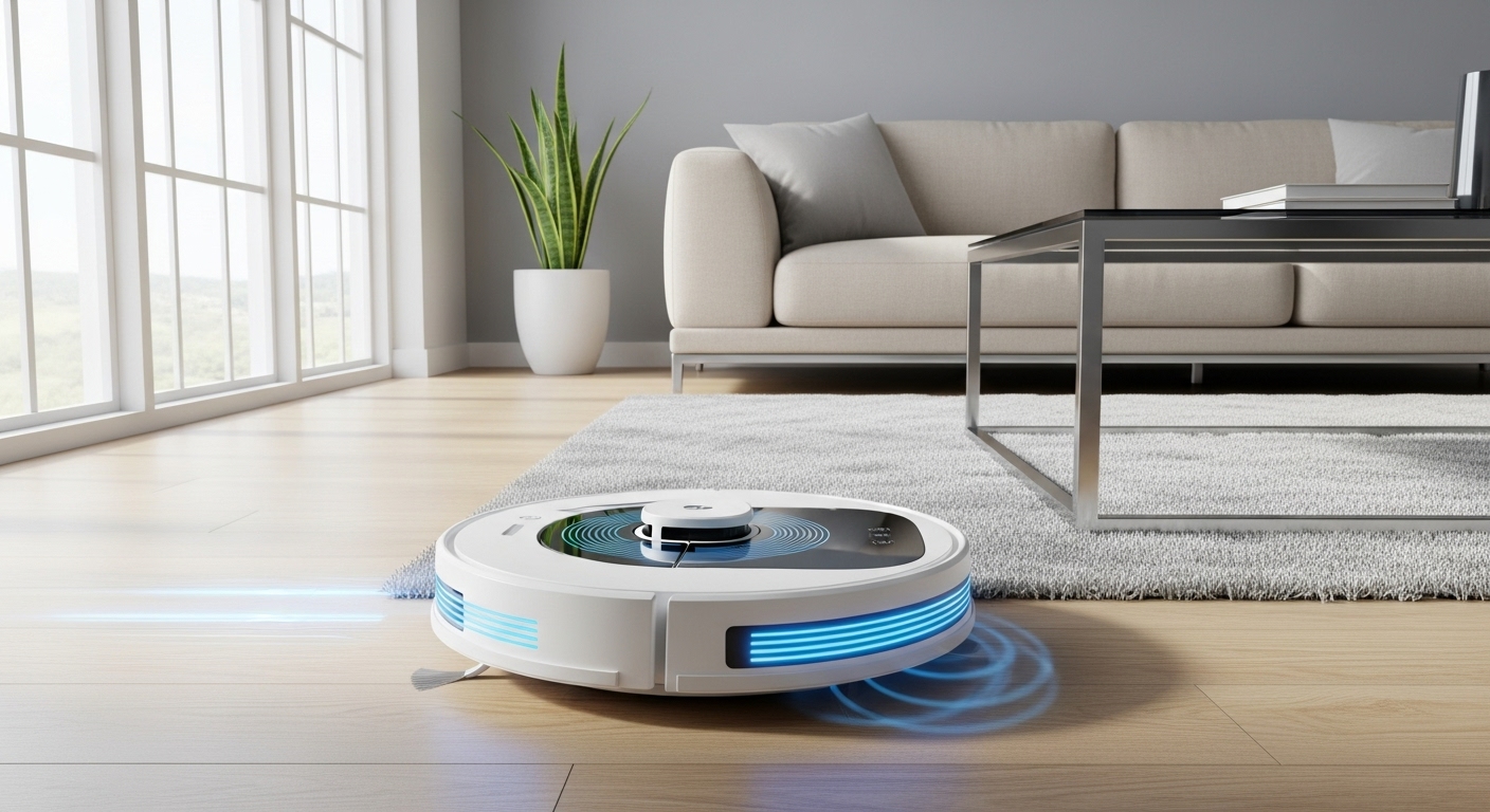 2025년 최신형 로봇 청소기가 모던한 거실을 깔끔하게 청소하는 모습. 효율적인 청소와 스마트한 삶을 상징합니다.