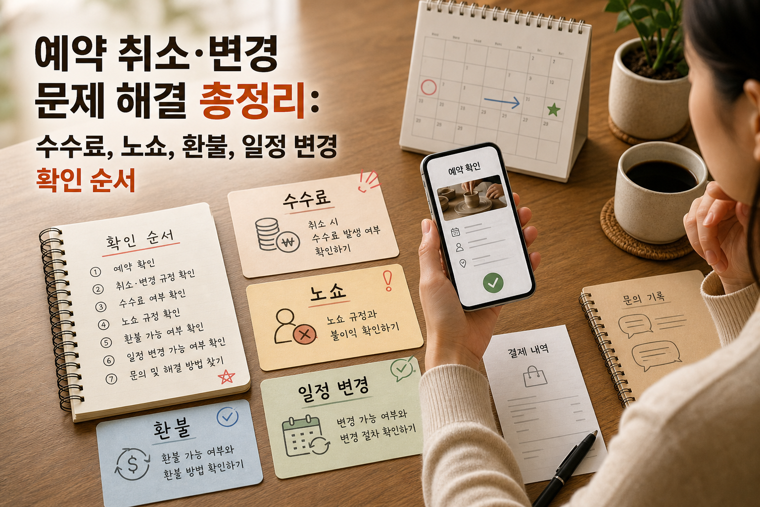 예약 취소 변경 문제를 수수료 노쇼 환불 일정 변경으로 나누어 확인하는 대표 이미지