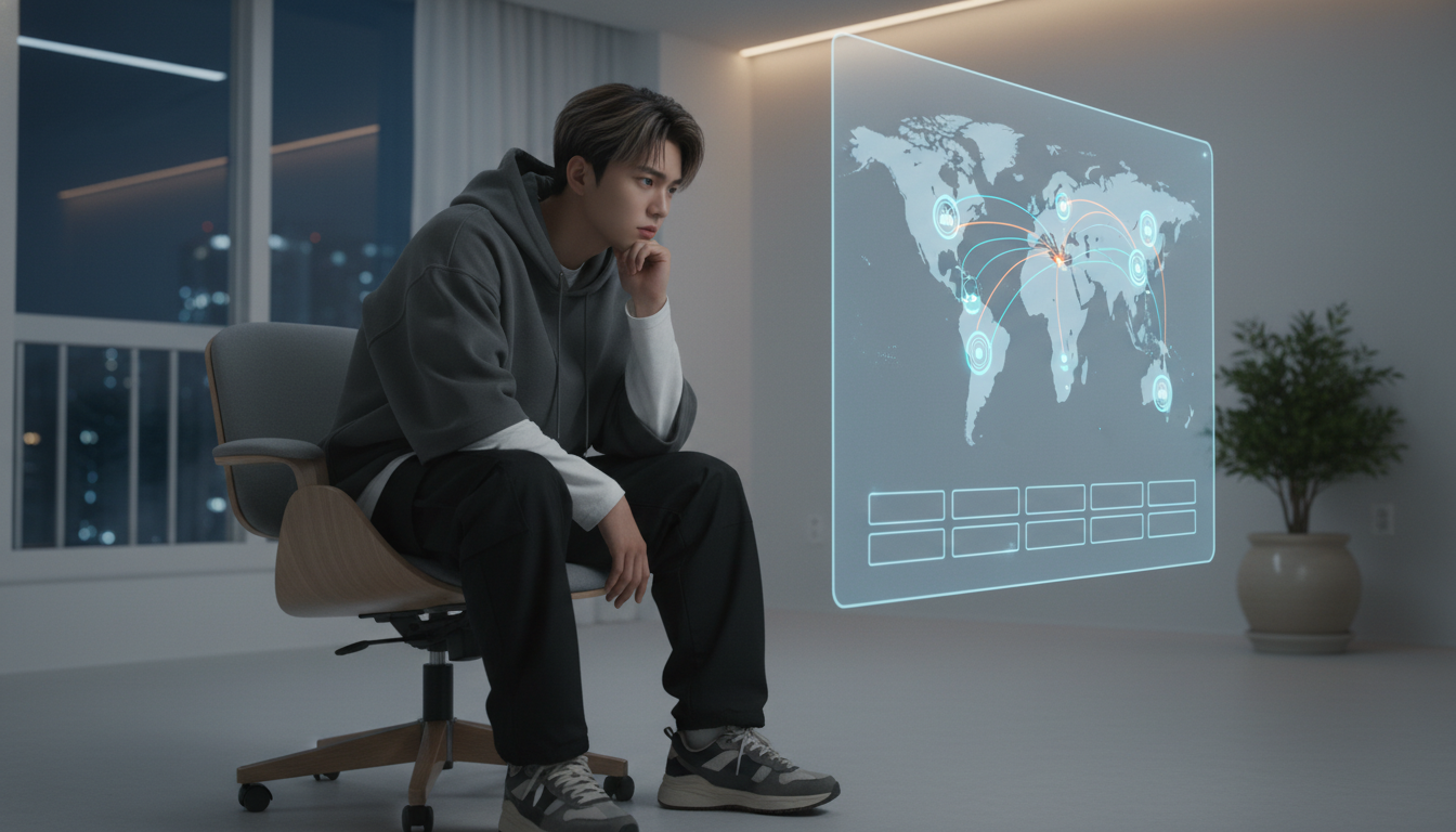 현대 한국인이 가상 화면의 세계 지도를 보며 VPN 서버 위치를 신중하게 선택하는 모습.
