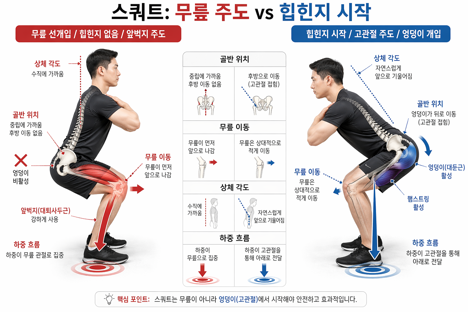 스쿼트: 무릎 주도 vs 힙힌지 시작”