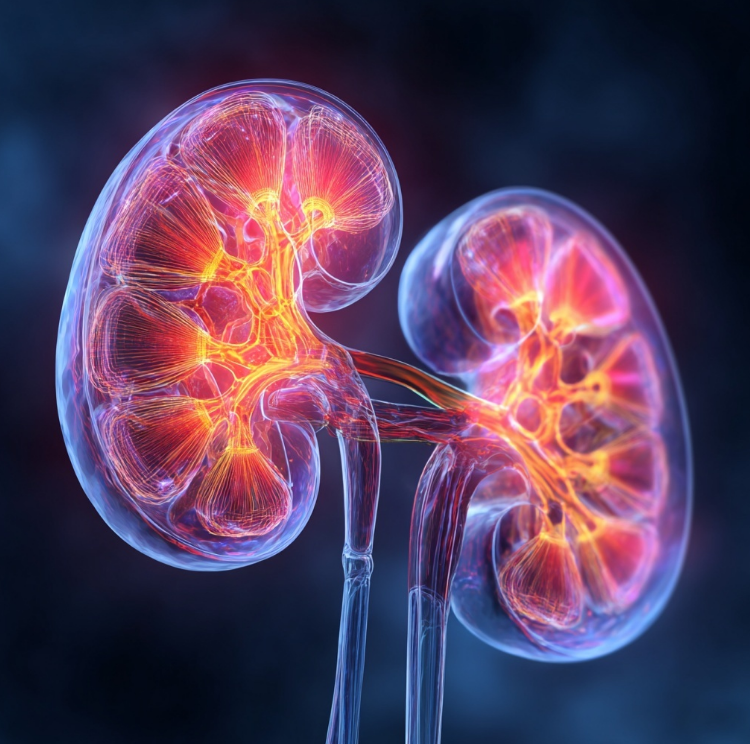 소변이 많이 차있는 건강한 신장