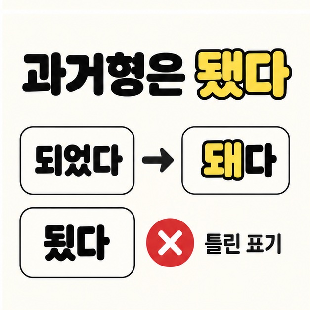 과거형은 됐다 제목 아래 되었다의 변환 도식과 됬다에 엑스 표시가 있으며 변환 결과에는 받침이 누락되어 돼다로 보이는 이미지