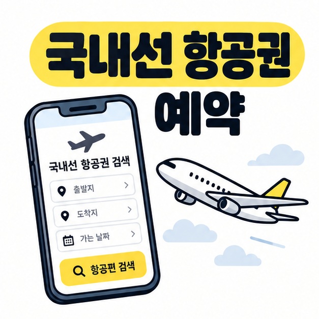 스마트폰 항공권 예약 화면과 비행기 그림 옆에 국내선 항공권 예약 제목을 크게 배치한 카드