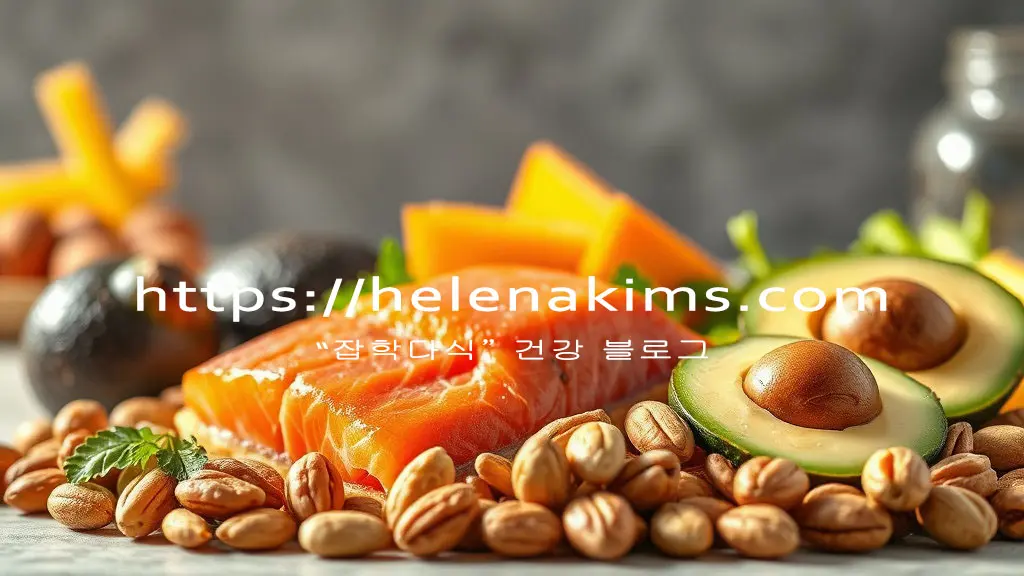 나무 탁자 위에 아보카도, 연어, 견과류 등이 놓여 있는 모습.