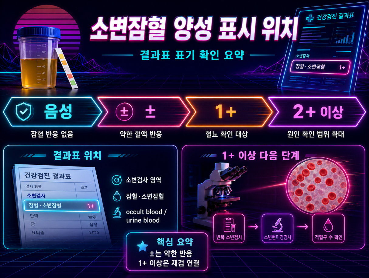 소변잠혈 양성 표시 위치와 음성&middot;&plusmn;&middot;1+&middot;2+ 결과 해석을 정리한 신스웨이브 인포그래픽