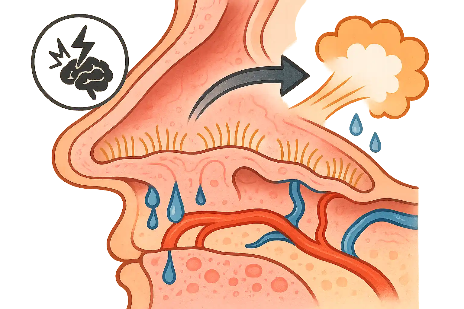 혈관이 수축·팽창하며 재채기와 콧물을 유발하는 모습, 신경 반응