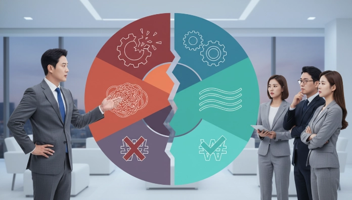 스마트공장 예산 인정과 불인정 기준을 시각적으로 구분하여 보여주는 인포그래픽 이미지. 한국인 사업가들이 기준을 이해하는 모습입니다.