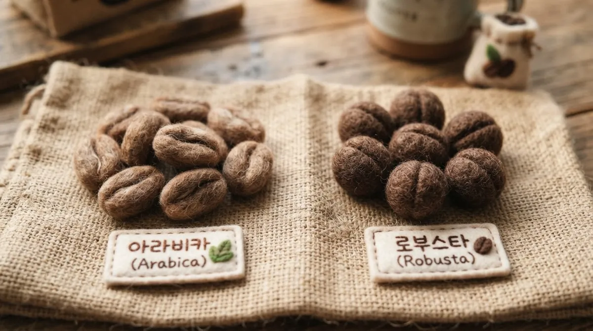 터키색 베이지 백포장 위에 나란히 놓인 펠트 양모로 표현된 아라비카 원두(타원형 중앙 곡선)와 로부스타 원두(둥글고 중앙 직선)의 모양 비교 이미지
