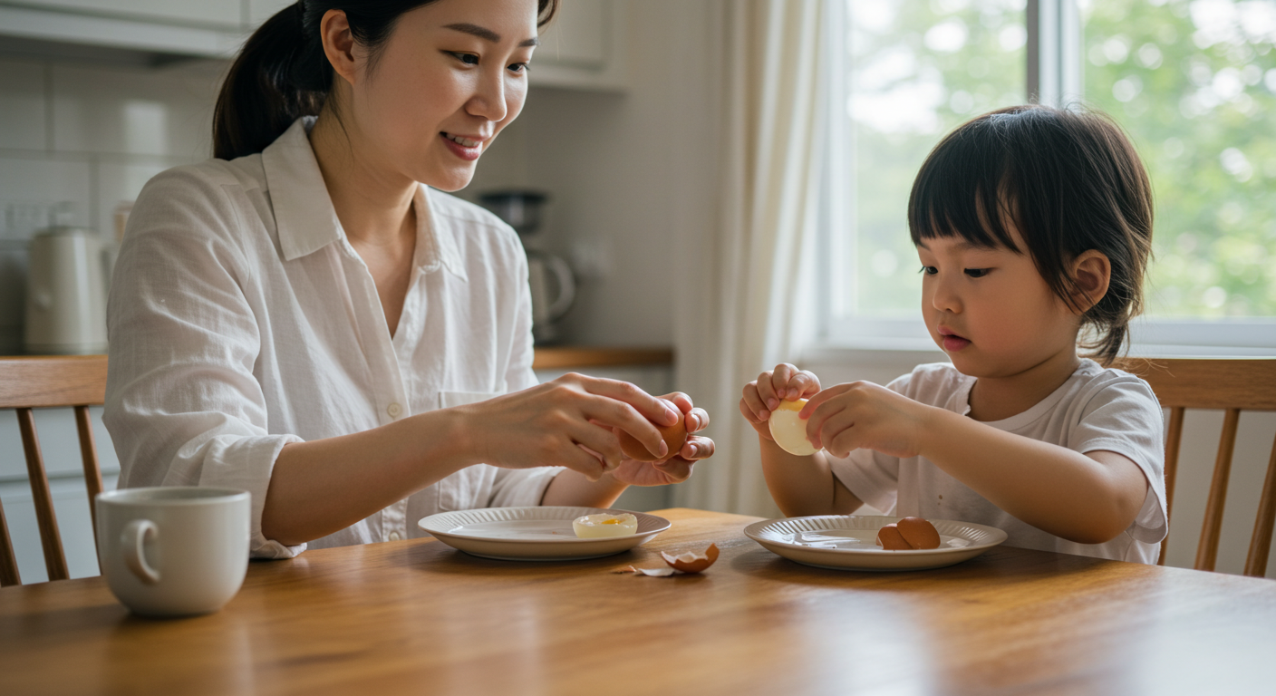 아이와 함께 아침 식탁에 앉아 엄마가 삶은계란을 까서 아이 접시에 놓아주는 장면.
