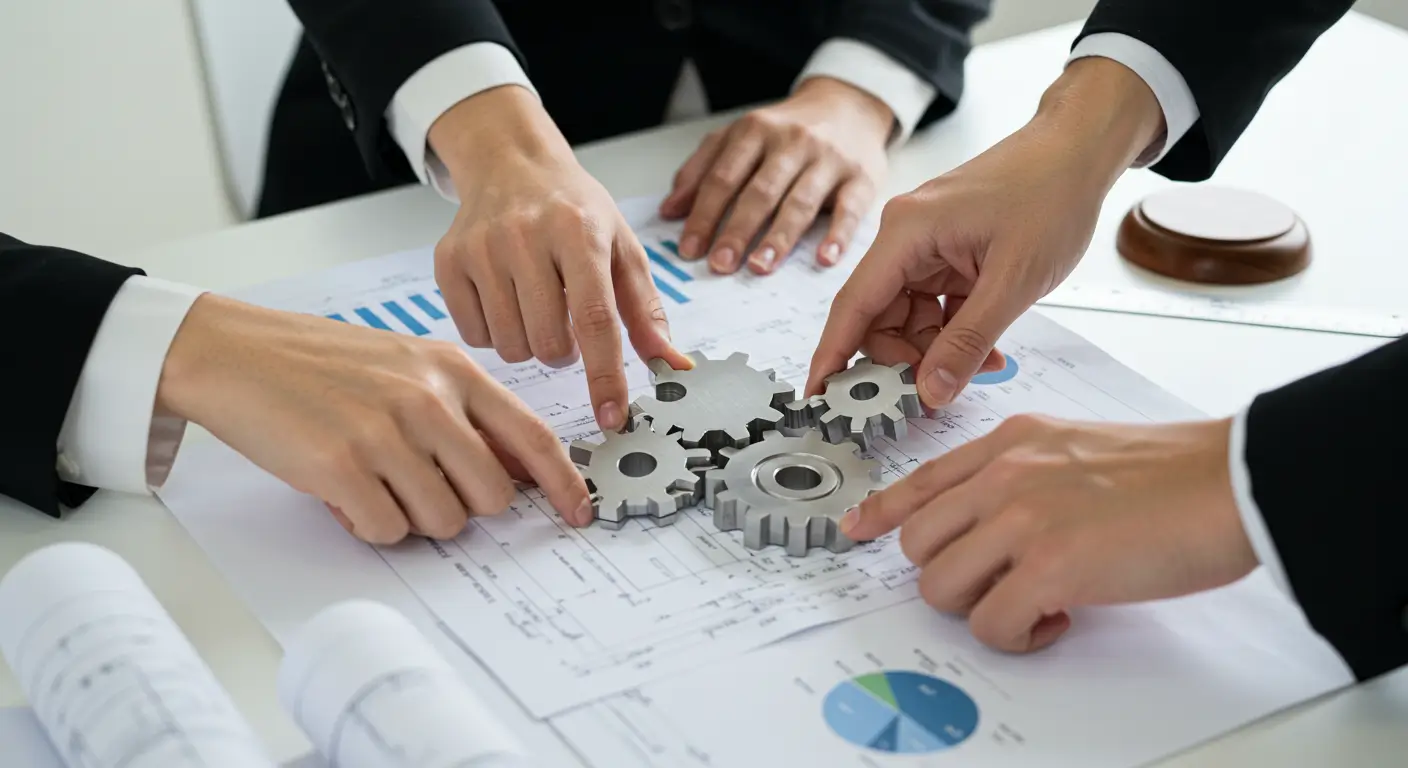 고객, 금융 컨설턴트, 법무사가 협력하여 압류된 공유지분 문제를 해결하는 모습