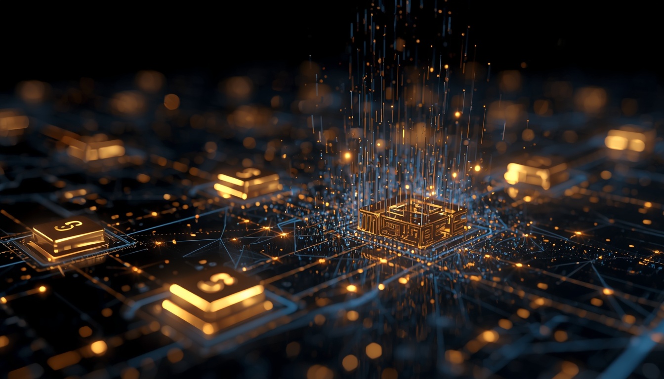 Real-world data particles being verified and recorded onto a secure blockchain.