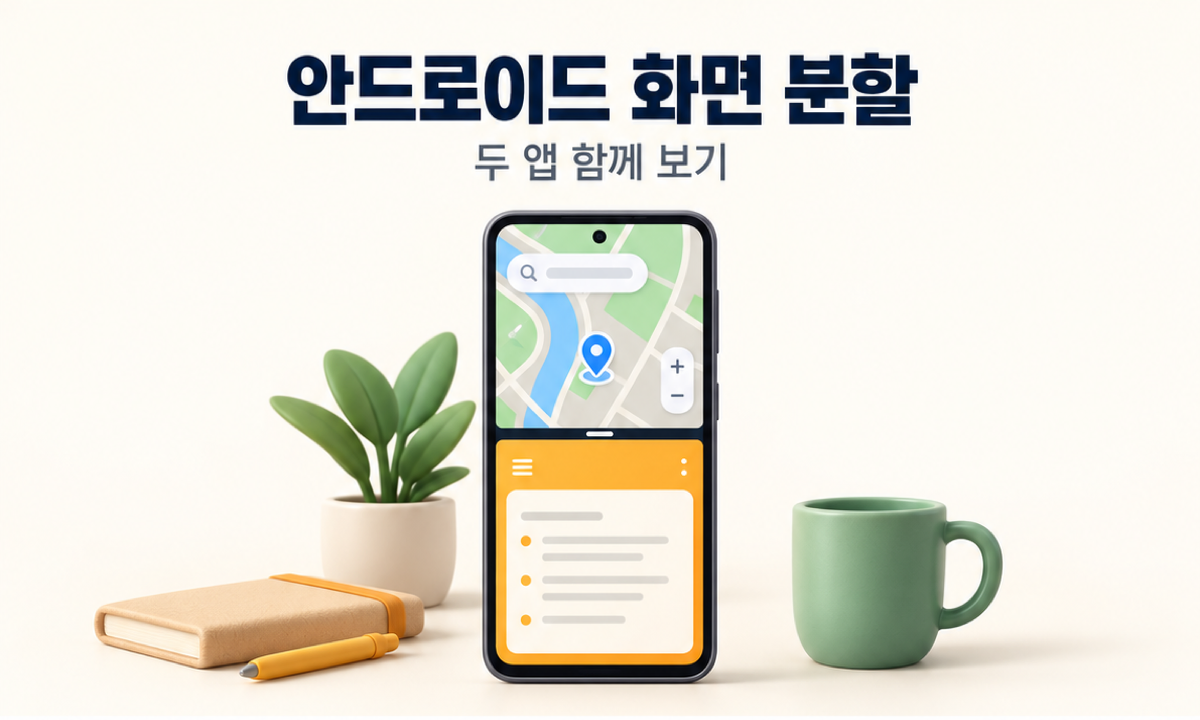 두 개의 앱 화면이 위아래로 나뉜 스마트폰과 지도&middot;메모를 표현한 안드로이드 화면 분할 안내 삽화