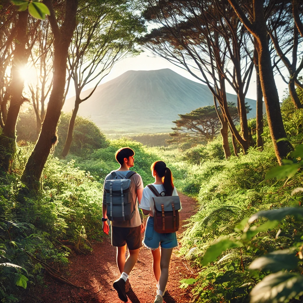 제주도의 울창한 숲길을 함께 걷는 커플, 한라산을 배경으로 배낭을 메고 자연을 즐기는 모습.