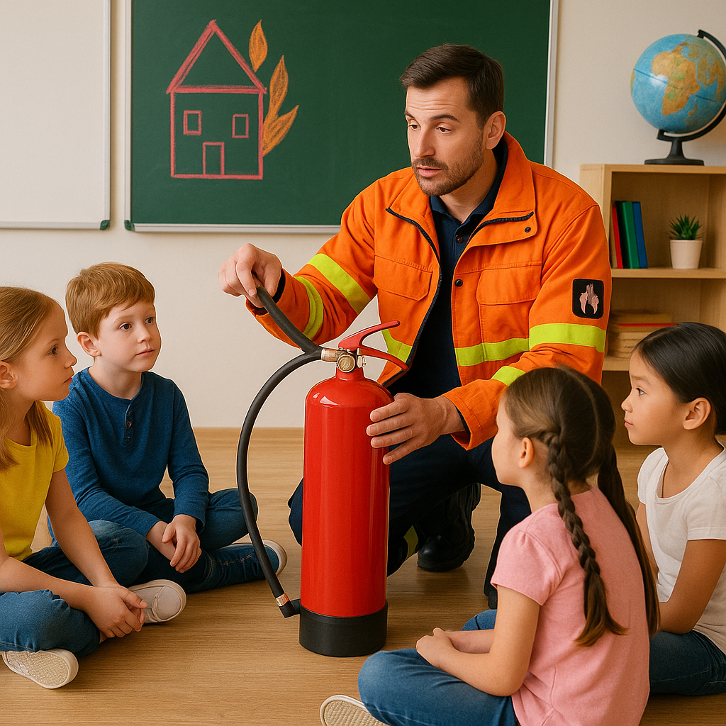 소방안전교육사가 어린이 대상 교육 중인 장면