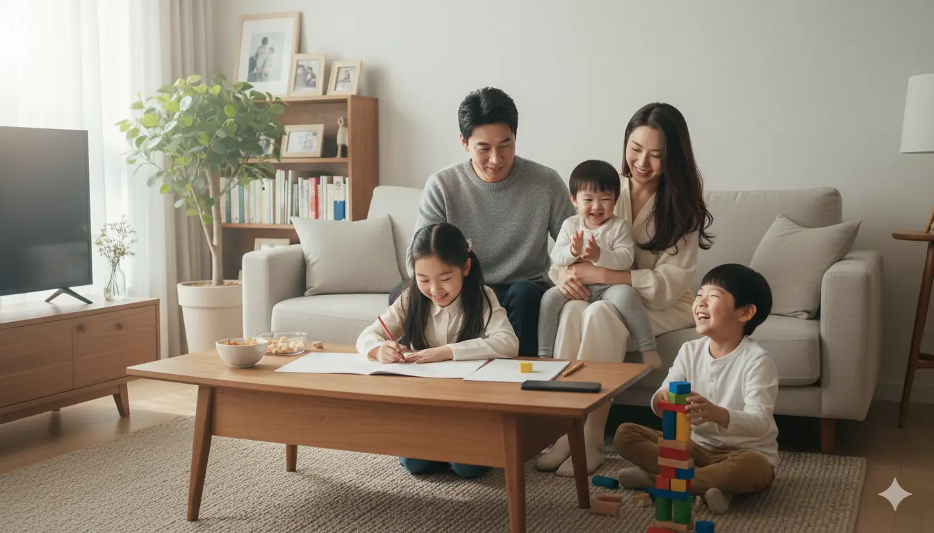 5명의 가족이 거실에서 웃고있는 이미지