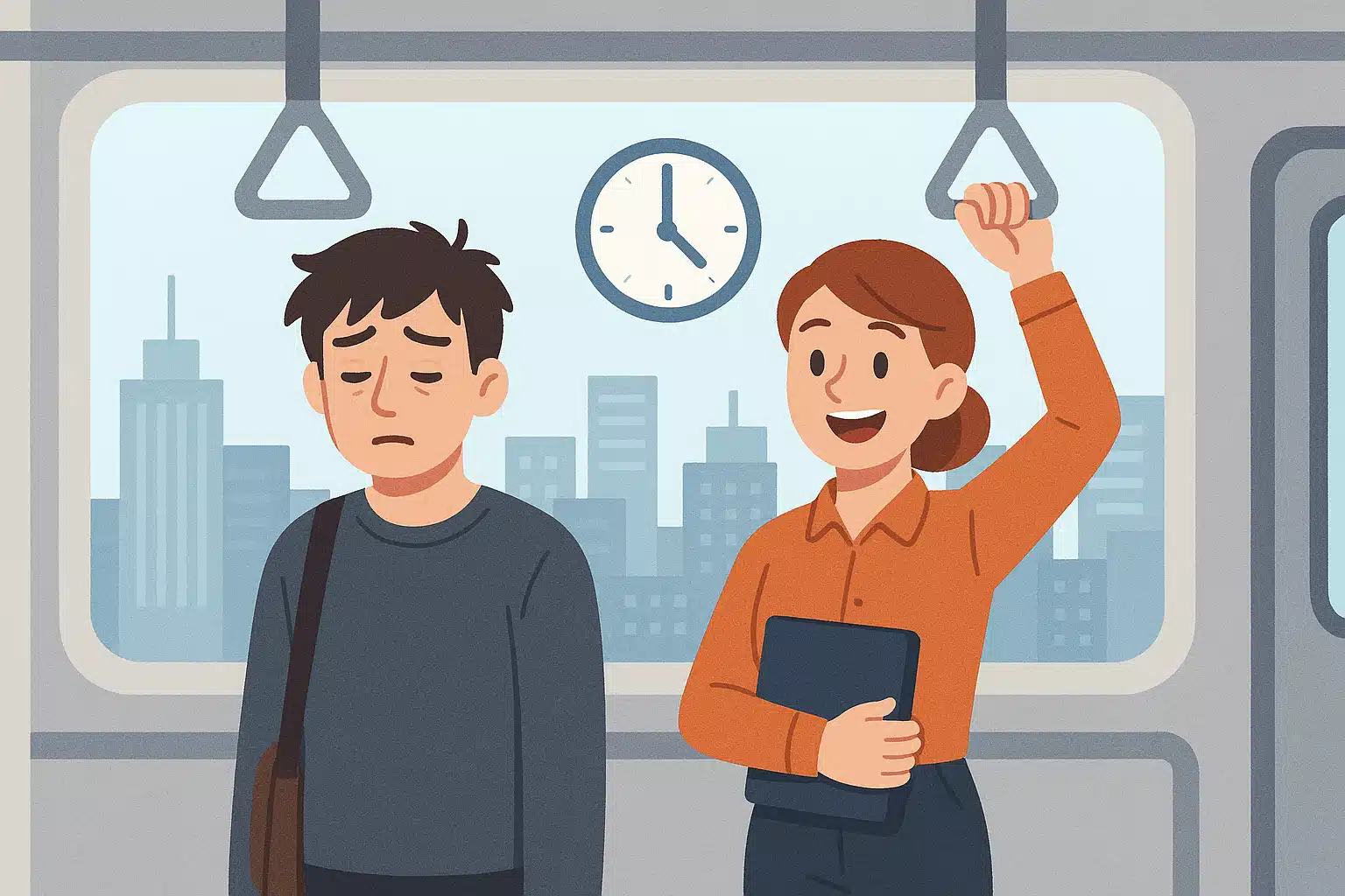 출근길 지하철에 피곤한 표정의 저녁형 사람과 활기찬 아침형 사람이 함께 있는 모습