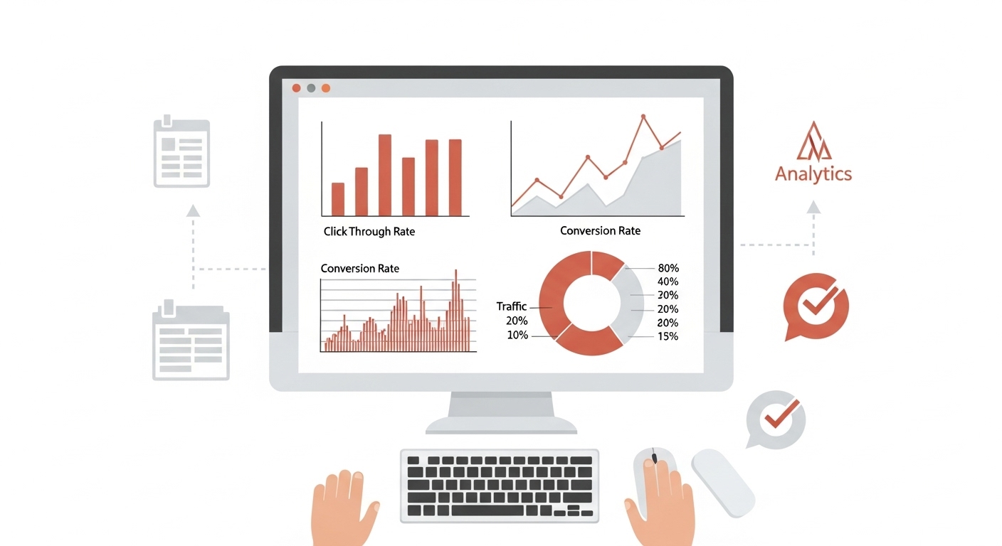 데이터 분석 대시보드를 보여주는 이미지. 클릭률, 전환율, 트래픽 소스 등 다양한 차트와 그래프가 컴퓨터 화면에 표시되어 쿠팡파트너스 전략 수립을 위한 데이터 기반 의사결정의 중요성을 강조.