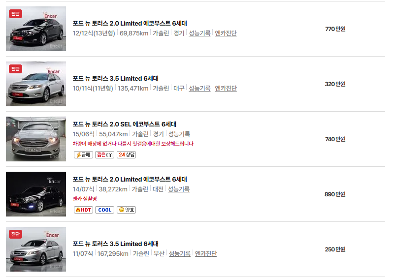 포드 토러스 중고차 가격 시세표 유지비