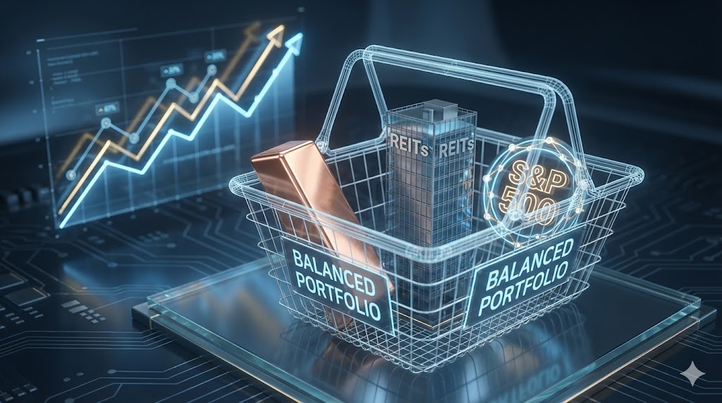 복잡한 시장 그래프 위로 구리, 리츠, S&amp;P 500 등 다양한 자산이 균형 잡힌 바구니에 담겨 있는 입체적인 인포그래픽