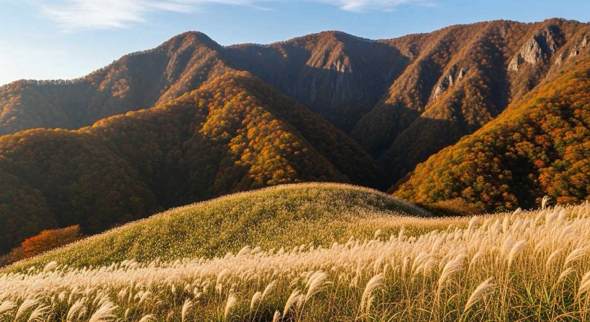 화려한 단풍과 은빛 억새가 어우러진 아름다운 가을 풍경