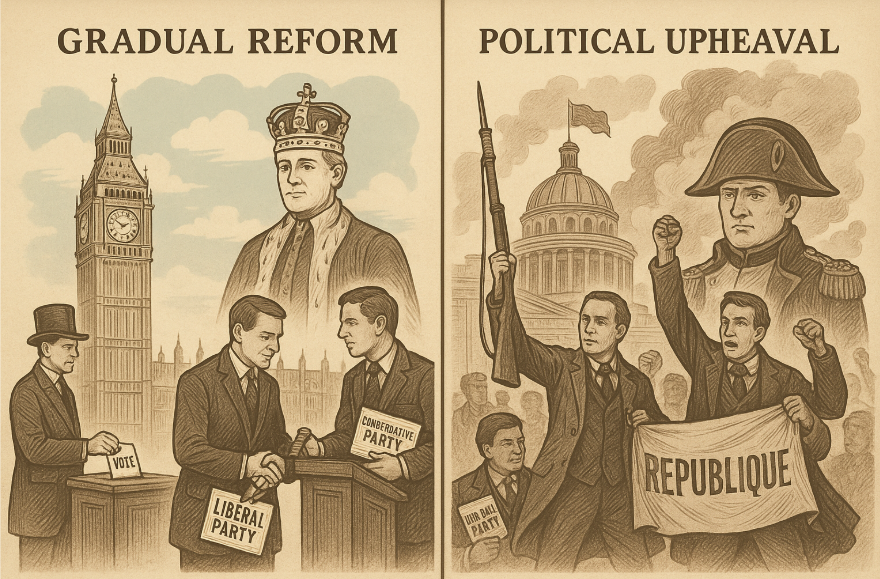 19세기 영국(좌)과 프랑스(우) 정치체제의 변화를 대비해 표현한 이미지입니다.