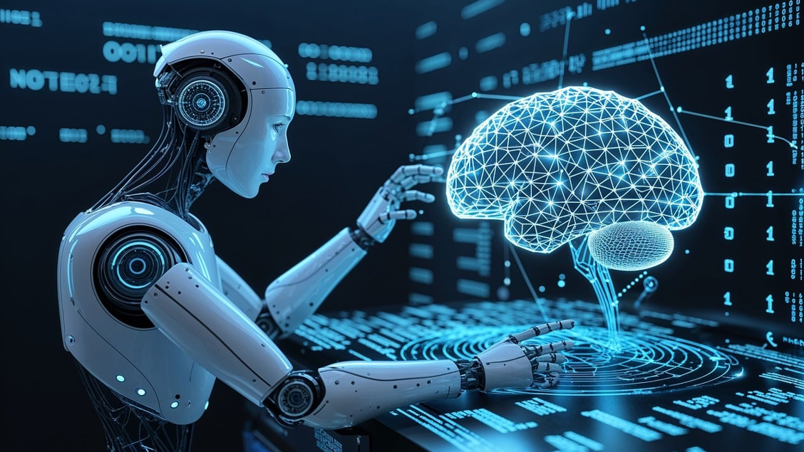 휴머노이드 로봇이 디지털 작업을 하는 장면