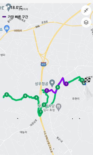 오늘 걸은 gps 경로&#44; 1번~2번 보라색이 가장 빠른 구간&#44;
5번은 정상&#44; 7번 굴다리&#44;