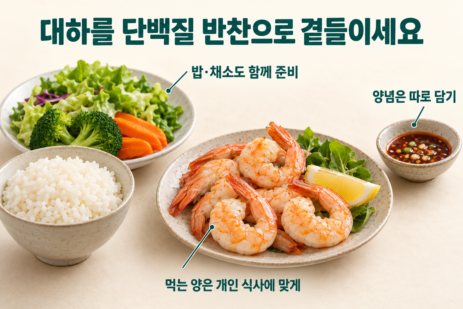 밥&middot;채소&middot;익힌 대하와 별도로 담은 양념이 있는 식사 구성 예