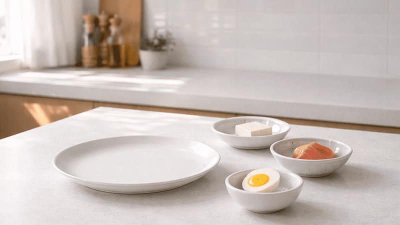 소량의 계란과 두부, 생선을 놓고 하루 단백질 섭취량을 가늠해보는 주방 장면