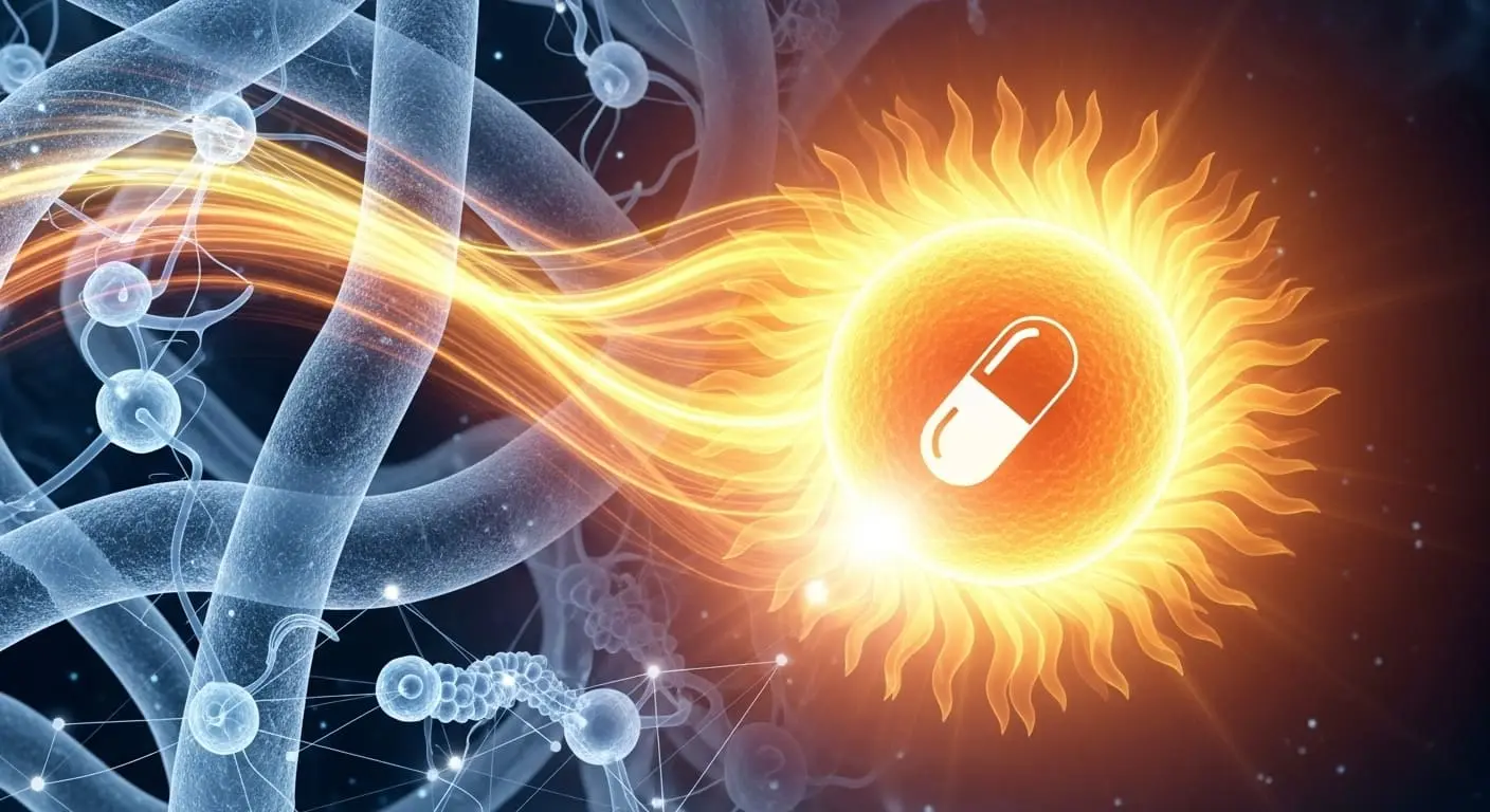 태양과 비타민 D 캡슐이 뼈 건강, 면역력 증진에 기여하는 모습을 시각화한 이미지