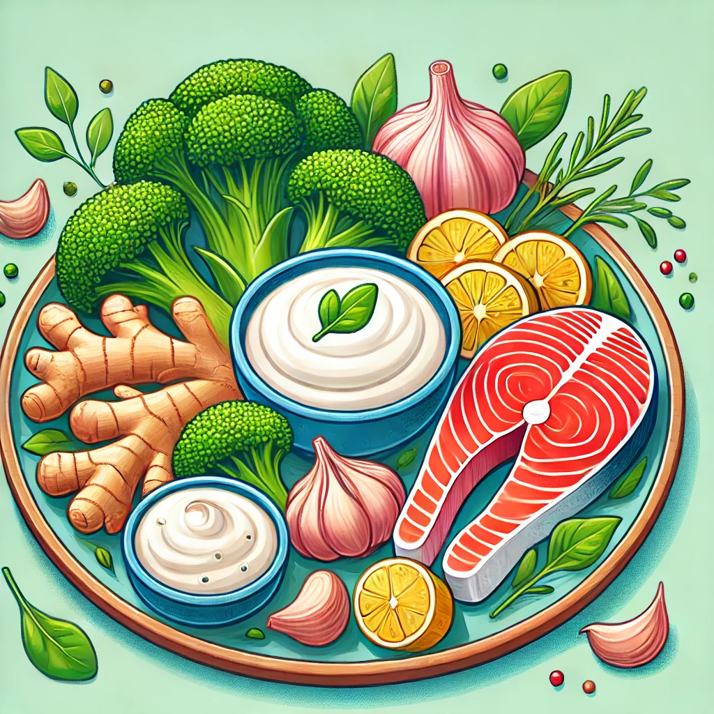 접시에 담겨 있는 브로콜리, 생강, 마늘, 연어, 요거트 그림