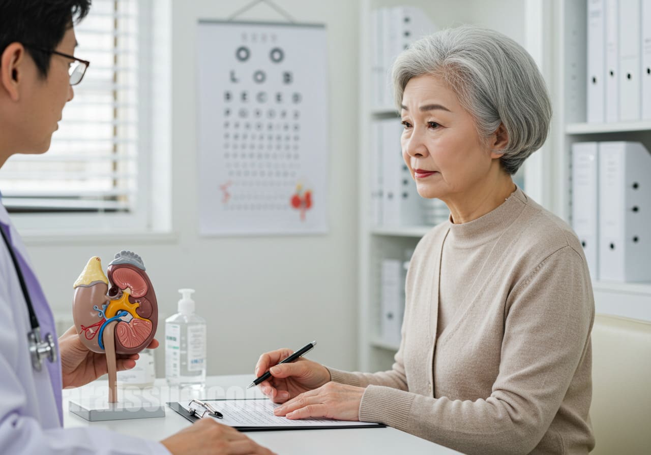 의사와 상담하며 건강검진을 받는 여성