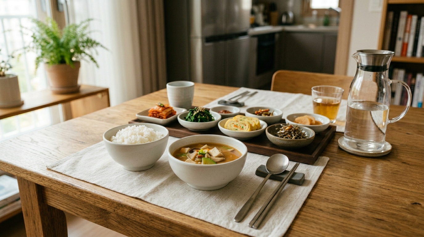 정갈하게 차려진 한국식 1인 밥상과 도자기 용기