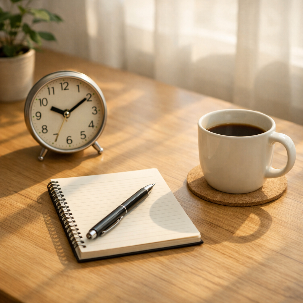 아침 햇살이 비치는 책상 위, 노트와 펜, 커피 한 잔이 놓인 조용한 공부 공간