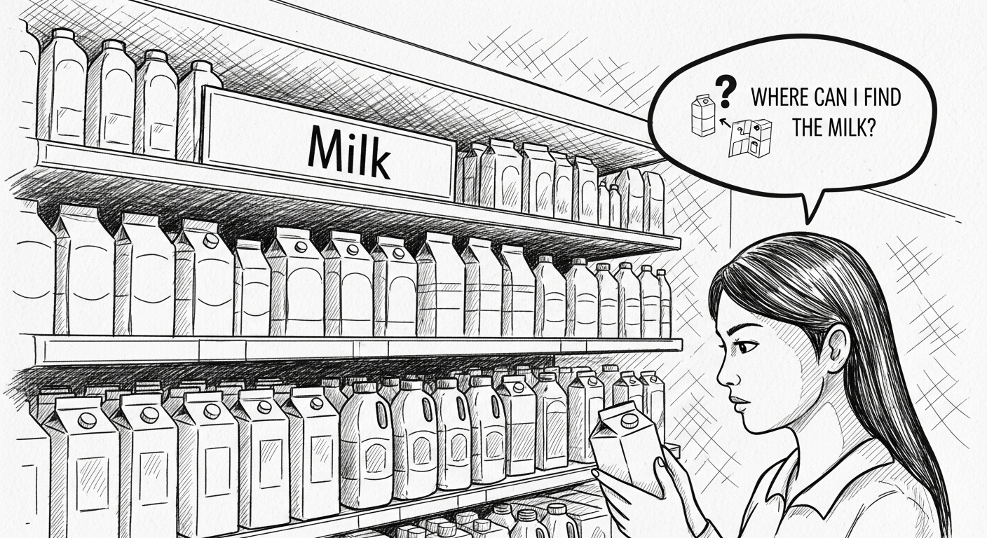 대형 마트의 유제품 코너와 우유