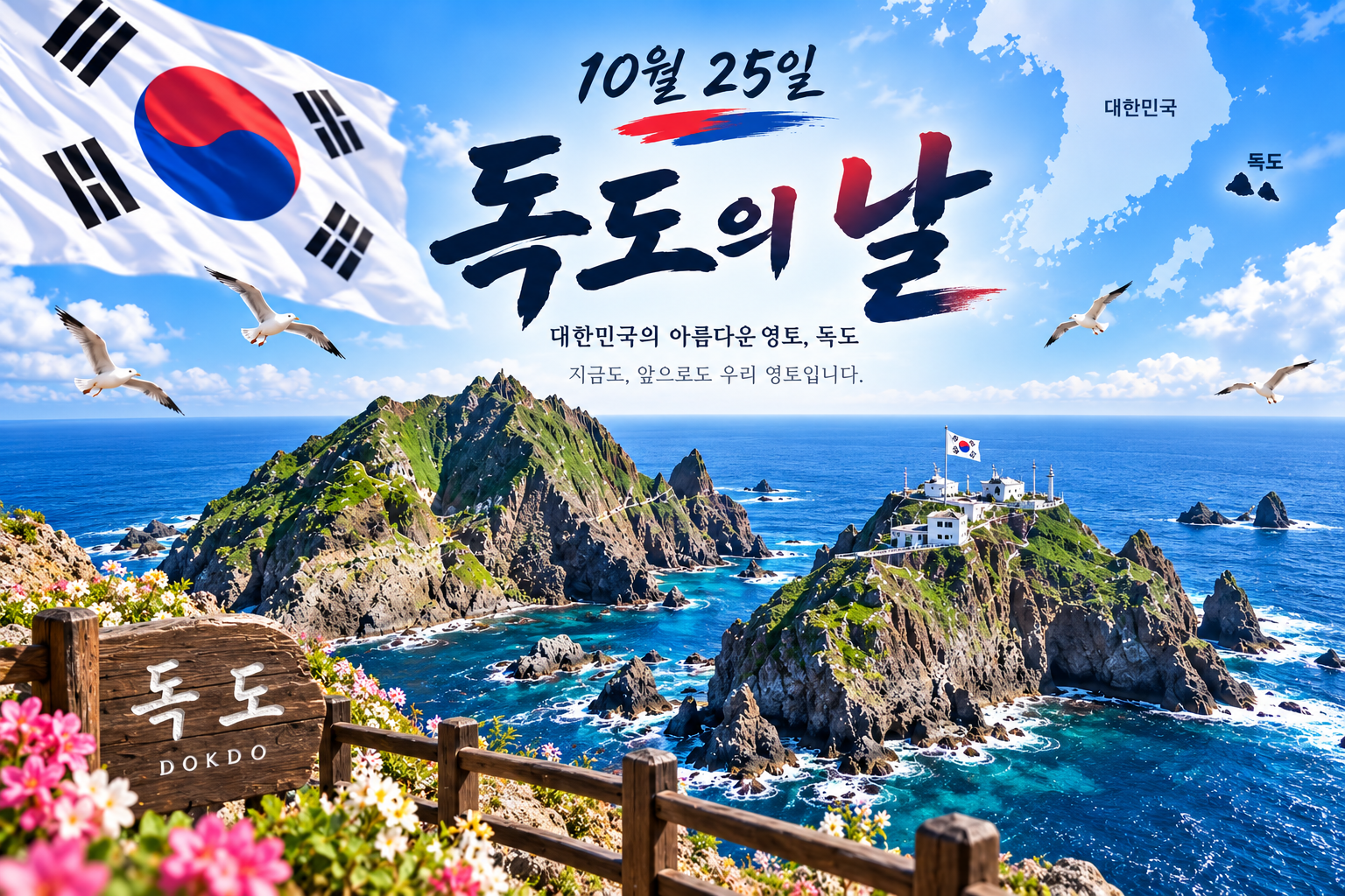 10월 25일 독도의 날을 기념하는 태극기와 독도 전경, 대한민국 영토 독도의 의미를 담은 일러스트