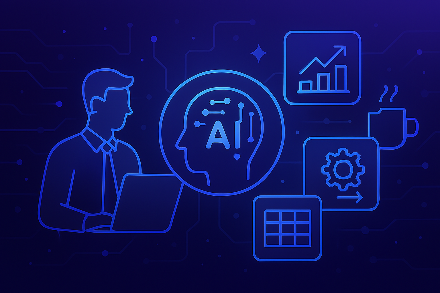 일상 업무의 흐름 속에서 AI 도구가 자연스럽게 융합되는, 직장인의 미래형 작업 환경에 대한 감각적 표현