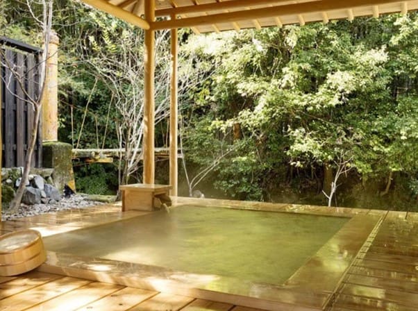 김이 올라오는 노천탕 노천탕 옆으로 산의 나무들이 보인다.