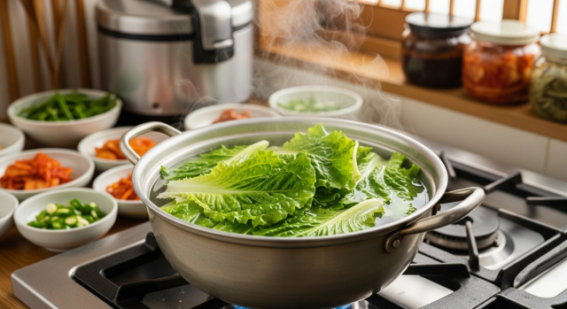 냄비에 상추를 삶는 모습