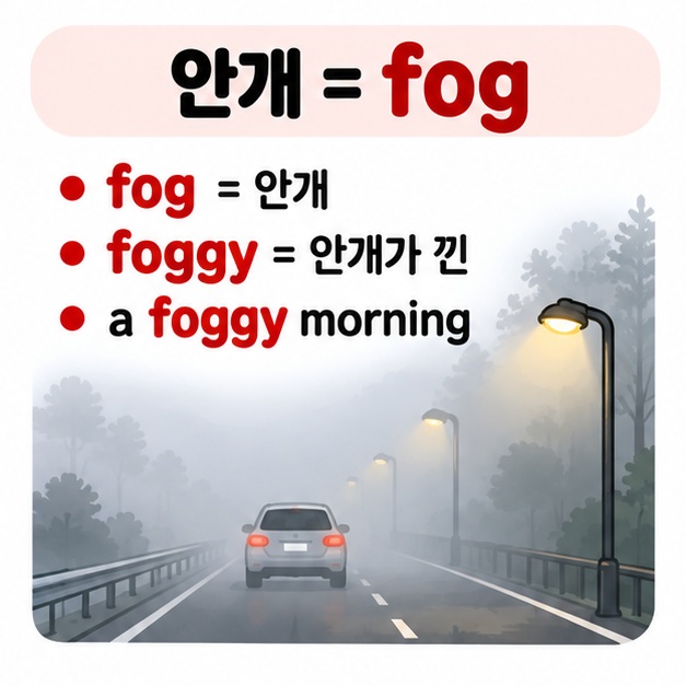 fog는 짙은 안개 foggy는 안개가 낀이라는 뜻을 간단한 영어 예문과 함께 보여주는 카드