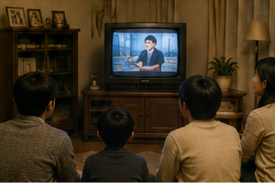 부모와 두 아이가 거실 바닥에 나란히 앉아 브라운관 TV를 바라보는 모습