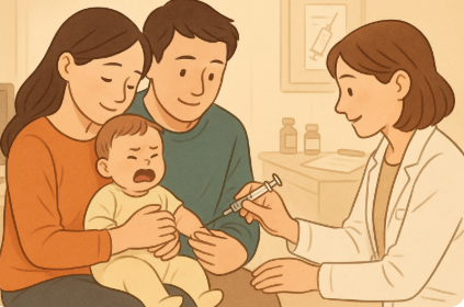 예방접종을 받는 아기와 함께 있는 부모와 의료진의 따뜻한 장면을 담은 일러스트