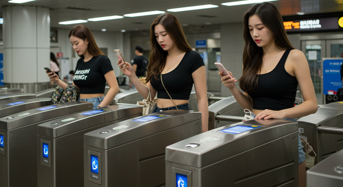 스마트폰으로 개찰구를 지나는 사람들