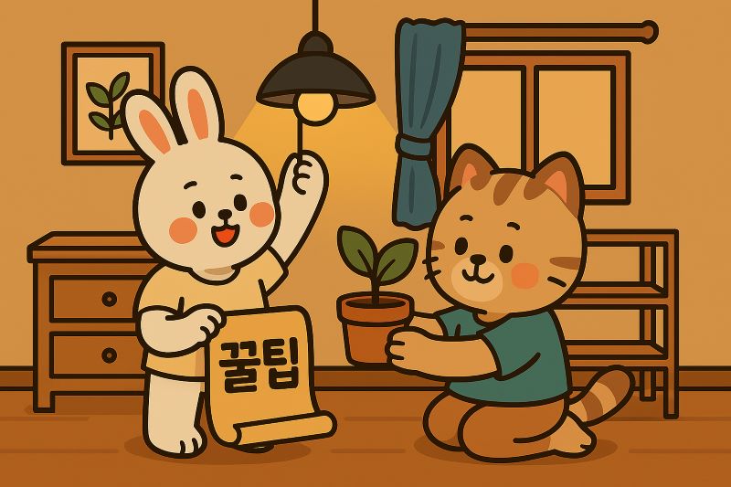 "귀여운 토끼와 고양이 캐릭터가 작은 자취방에서 조명을 켜고 식물을 놓으며 인테리어를 하는 만화 스타일 이미지" (AI생성)