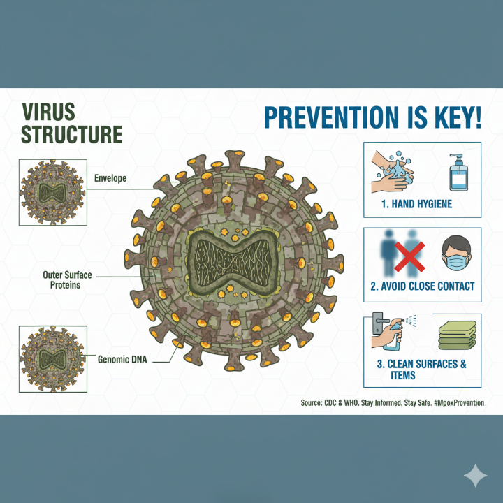mpox 바이러스 구조와 예방 수칙 인포그래픽