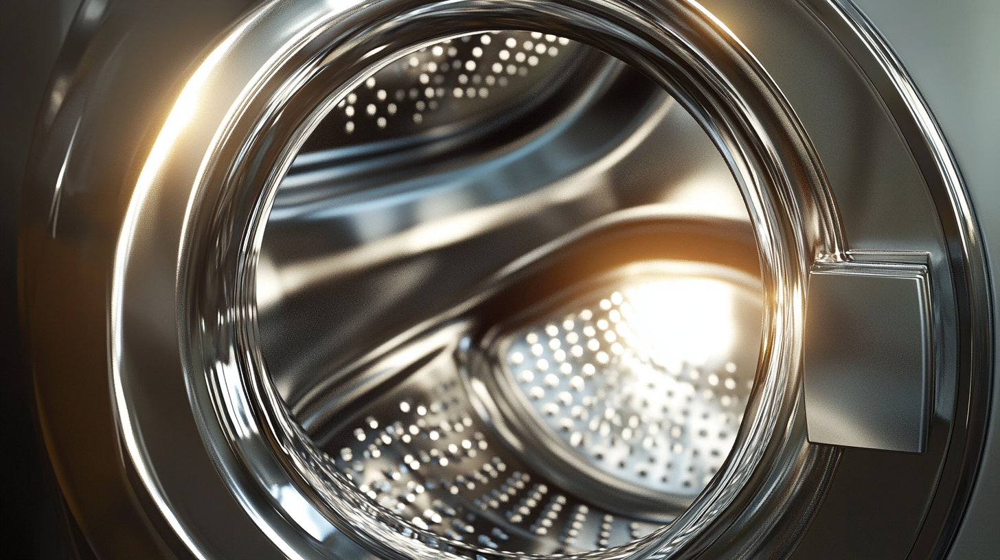 루컴즈 WTT17M의 위생적인 스테인리스 드럼을 근접 촬영으로 보여주며, 위생과 현대적 디자인을 강조한 이미지.