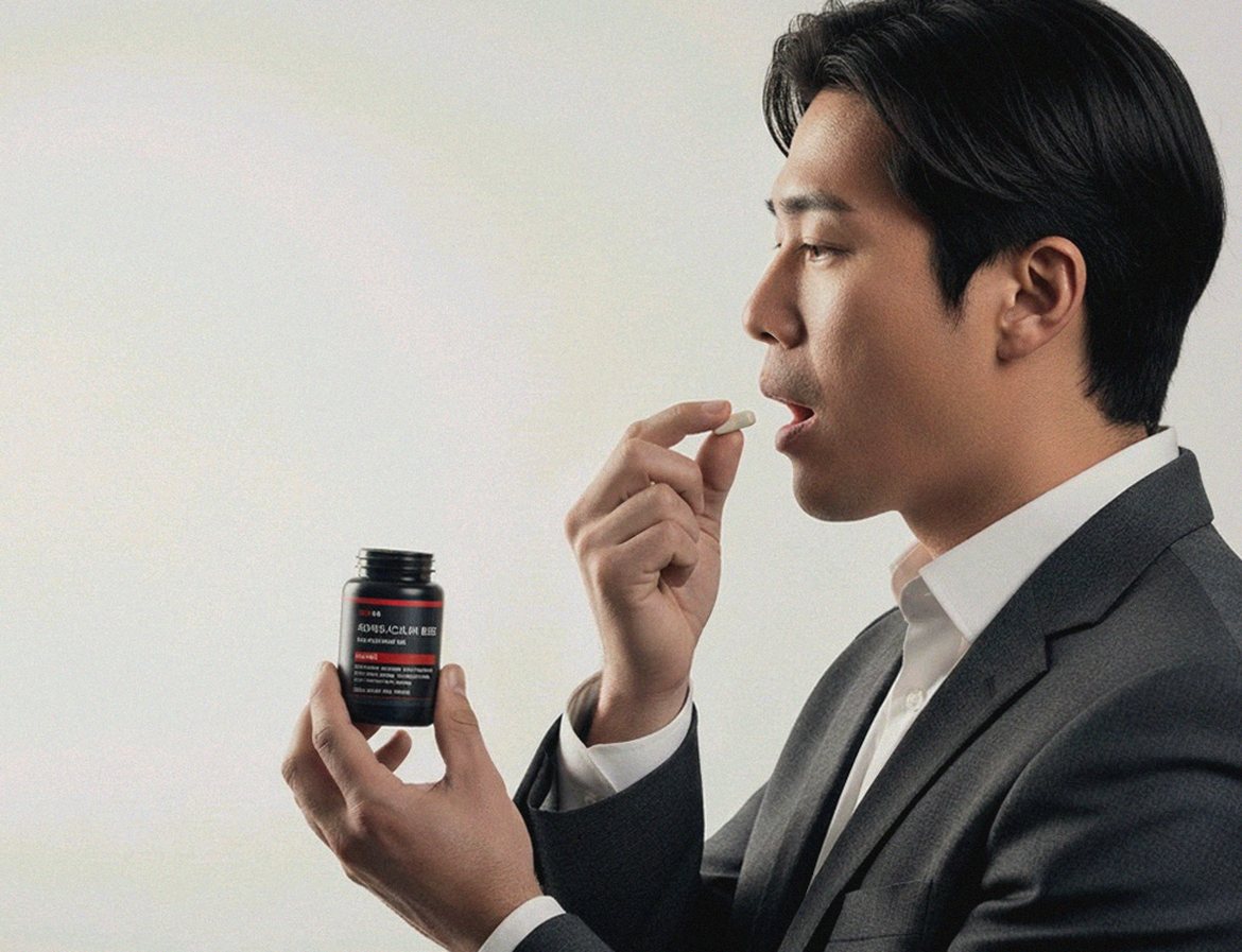 Korean Asian man in his 40s taking supplement with water at home