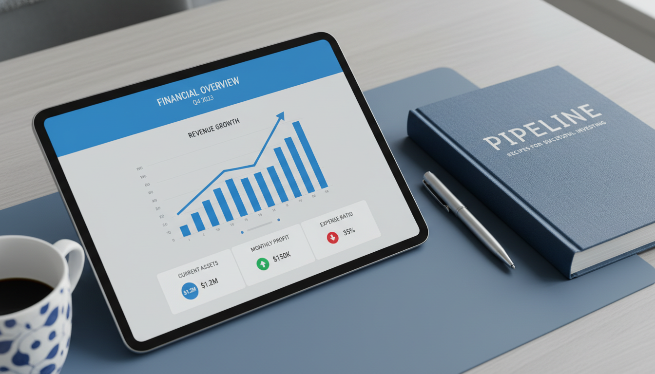 신약 개발 파이프라인과 증권가 긍정적 컨센서스를 나타내는 태블릿 차트 및 레시피북 일러스트