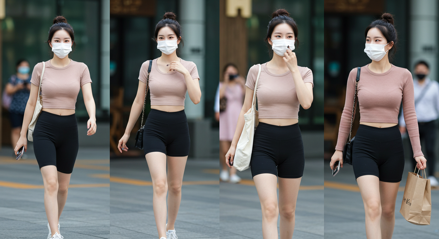 마스크를 쓰고 걸어가는 여인들.