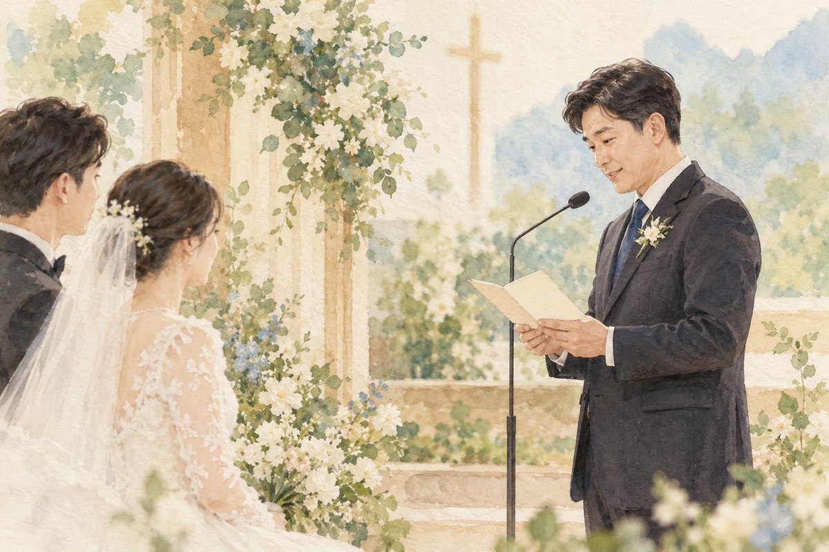 결혼예배 소책자를 들고 축복기도를 읽는 대표기도자